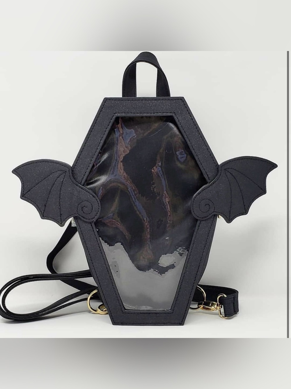 Black Glitter Coffin-Shaped Bat Wing Cleat Pocket Backpack